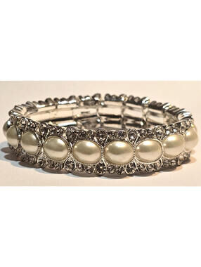 Monet Silver Tone Rhinestone Faux Pearl Stretch Bracelet